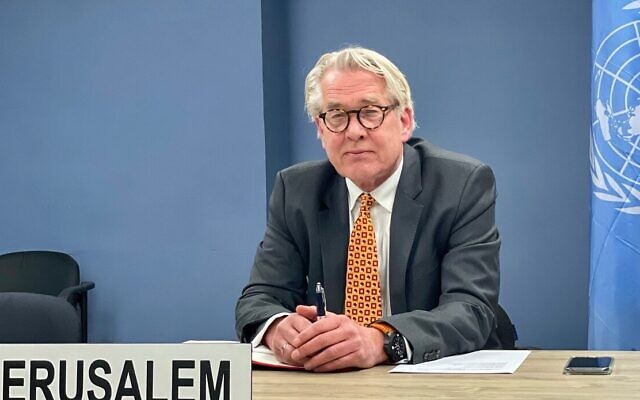 UN Special Coordinator for the Middle East Peace Process Tor Wennesland briefs, over video conference, the Security Council on the 'Situation in the Middle East,' including the Palestinian question, on January 26, 2021. (Daniela Penkova/UNSCO/File)