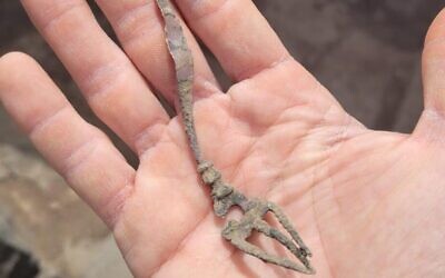 An ancient bronze fork found at Korazim National Park, believed to be from the Talmudic period (Ahia Cohen-Tavor/Nature and Parks Authority)