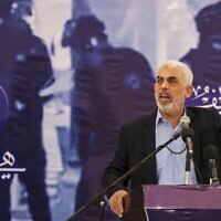 Hamas's leader in the Gaza Strip Yahya Sinwar speaks during a meeting in Gaza City, on April 30, 2022. (Mahmud Hams/AFP)