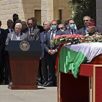 Palestinian Authority President Mahmoud Abbas at a ceremony for Al Jazeera journalist Shireen Abu Akleh who was killed amid clashes between Israeli troops and Palestinian gunmen during an IDF raid, in Ramallah on May 12, 2022 (ABBAS MOMANI / AFP)