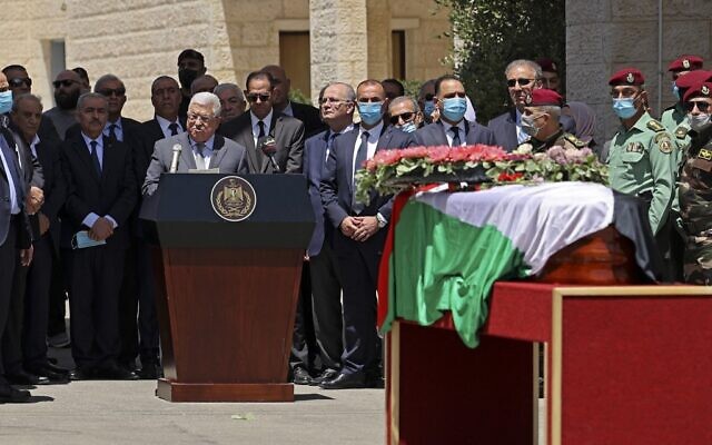 Palestinian Authority President Mahmoud Abbas at a ceremony for Al Jazeera journalist Shireen Abu Akleh who was killed amid clashes between Israeli troops and Palestinian gunmen during an IDF raid, in Ramallah, on May 12, 2022. (Abbas Momani/AFP)
