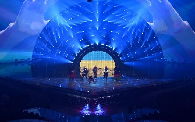 Members of the band 'Kalush Orchestra' perform on behalf of Ukraine during the final of the Eurovision Song contest 2022 on May 14, 2022 at the Pala Alpitour venue in Turin. (Marco BERTORELLO / AFP)