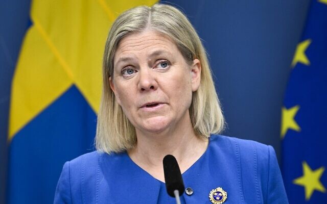 Sweden's Prime Minister Magdalena Andersson gives a news conference in the capital Stockholm on May 16, 2022. (Henrik Montgomery/Various Sources/AFP)