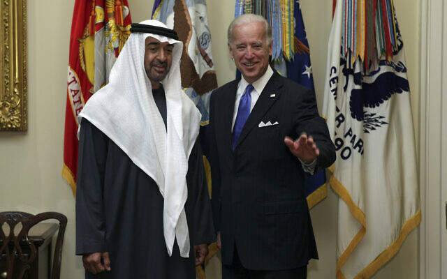 Then US Vice President Joe Biden meets with Abu Dhabu's Mohamed bin Zayed Al Nahyan at the White House in Washington, April 2010. (AP Photo/J. Scott Applewhite)