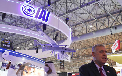 Boaz Levy, the CEO of Israel Aerospace Industries, speaks to The Associated Press at the Dubai Air Show in Dubai, United Arab Emirates, Monday, Nov. 15, 2021. Israel took part in the Dubai Air Show for the first time after the United Arab Emirates and Israel normalized relations in 2020. (AP/Jon Gambrell)
