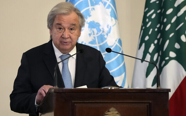 United Nations Secretary-General Antonio speaks during a joint press conference with Lebanese President Michel Aoun at the presidential palace in Baabda east of Beirut, Lebanon, December 19, 2021. (AP Photo/Hassan Ammar)