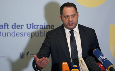 Andriy Yermak, Head of the Office of the President of Ukraine, addresses the media during a press conference at the embassy of the Ukraine in Berlin, Germany, early Friday, Feb. 11, 2022. (AP/Michael Sohn)