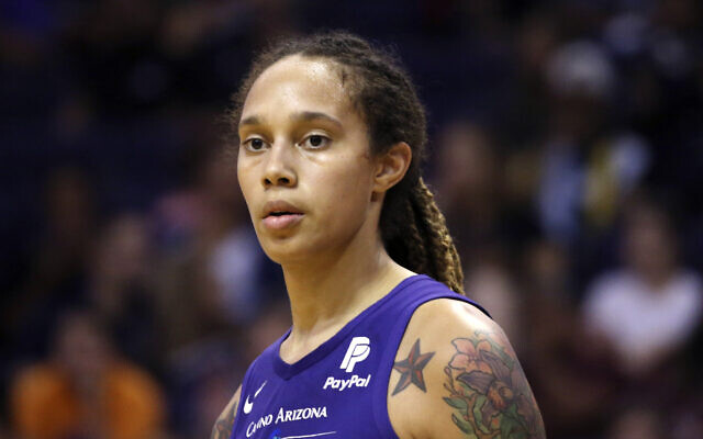 Phoenix Mercury center Brittney Griner pauses on the court during the second half of a WNBA basketball game against the Seattle Storm, on September 3, 2019, in Phoenix. (AP/Ross D. Franklin, File)