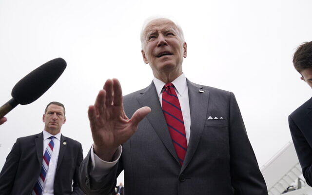 US President Joe Biden speaks to the media before boarding Air Force One for a trip to Alabama to visit a Lockheed Martin plant, on Tuesday, May 3, 2022, in Andrews Air Force Base, MD. (AP Photo/Evan Vucci)