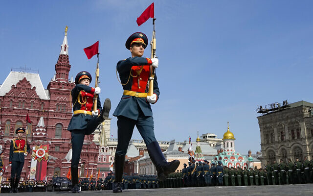Russian military linemen march during a dress rehearsal for the Victory Day military parade in Moscow, Russia, May 7, 2022. The parade will take place at Moscow's Red Square on May 9 to celebrate 77 years of the victory in WWII. (AP Photo/Alexander Zemlianichenko)