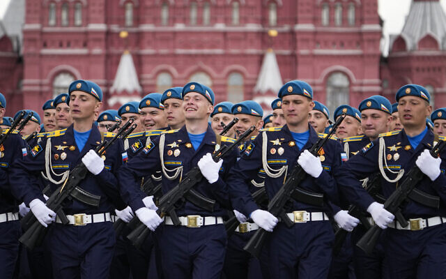 Russian servicemen march during the Victory Day military parade in Moscow, Russia,May 9, 2022, marking the 77th anniversary of the end of World War II. (AP Photo/Alexander Zemlianichenko)