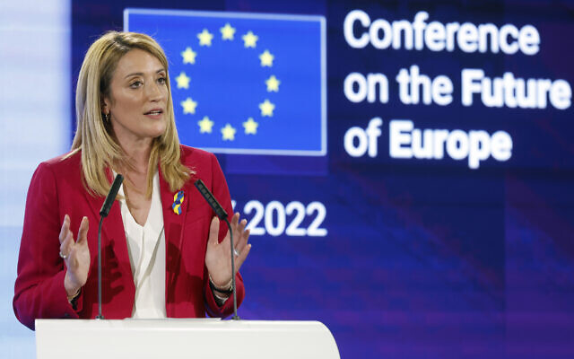 European Parliament President Roberta Metsola delivers a speech during the Conference on the Future of Europe, in Strasbourg, eastern France, May 9, 2022. (AP Photo/Jean-Francois Badias)
