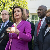 House Speaker Nancy Pelosi of Calif., with Rep. James McGovern, Democrat of Massachusetts, left to right, Rep. Greg Meeks, Democrat of NY and Rep. Barbara Lee, Democrat of California, and other members of the Congressional delegation that recently visited Ukraine, speaks to reporters outside the West Wing of the White House following a meeting with US President Joe Biden, May 10, 2022, in Washington. (AP Photo/Manuel Balce Ceneta)