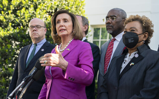 House Speaker Nancy Pelosi of Calif., with Rep. James McGovern, Democrat of Massachusetts, left to right, Rep. Greg Meeks, Democrat of NY and Rep. Barbara Lee, Democrat of California, and other members of the Congressional delegation that recently visited Ukraine, speaks to reporters outside the West Wing of the White House following a meeting with US President Joe Biden, May 10, 2022, in Washington. (AP Photo/Manuel Balce Ceneta)