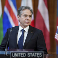 US Secretary of State Antony Blinken attends the Informal Meeting of NATO Ministers of Foreign Affairs in Berlin, Germany, May 15, 2022. (Kevin Lamarque/Pool via AP)