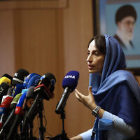 The UN special rapporteur on the negative impact of the unilateral sanctions Alena Douhan, speaks during her news conference in Tehran, Iran, May 18, 2022. (AP Photo)