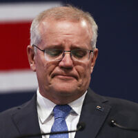 Australia's Prime Minister Scott Morrison concedes defeat in the national elections in Sydney on May 21, 2022. (AP Photo/Nazanin Tabatabaee)