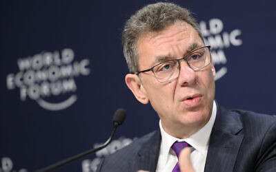 Albert Bourla, Chief Executive Officer, Pfizer, speaks at a Press Conference on Pfizer and Partners Announce Accord for a Healthier World at the 51st annual meeting of the World Economic Forum, WEF, in Davos, Switzerland, May 25, 2022. (Gian Ehrenzeller/Keystone via AP)
