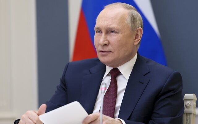 Russian President Vladimir Putin speaks in a video call with heads of states that are members of the Eurasian Economic Forum in Bishkek via videoconference in Moscow, Russia, May 26, 2022. (Mikhail Metzel, Sputnik, Kremlin Pool Photo via AP)
