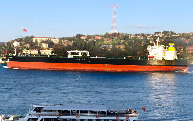 The Greek-flagged oil tanker Prudent Warrior, one of the ships seized by Iran, is seen as it sails past Istanbul, Turkey, April 19, 2019. (Dursun Çam via AP)
