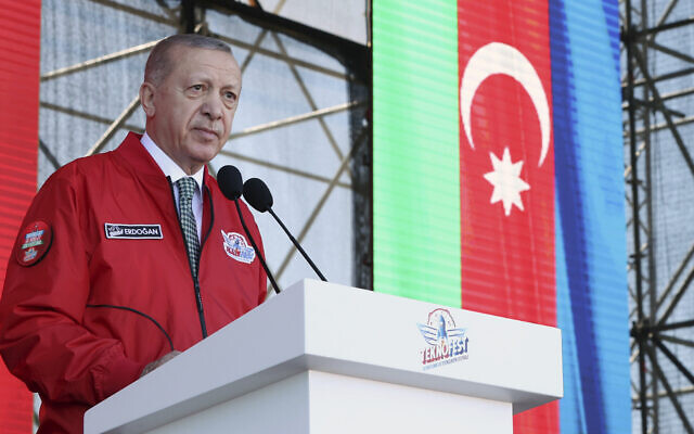 Turkey's President Recep Tayyip Erdogan speaks at a Turkish Technology and Aviation festival, held abroad for the first time, in Baku, Azerbaijan, May 28, 2022. (Turkish Presidency via AP)