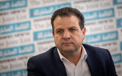 Joint List leader Ayman Odeh (Hadash) at a Knesset faction meeting on March 7, 2022. (Yonatan Sindel/Flash90)