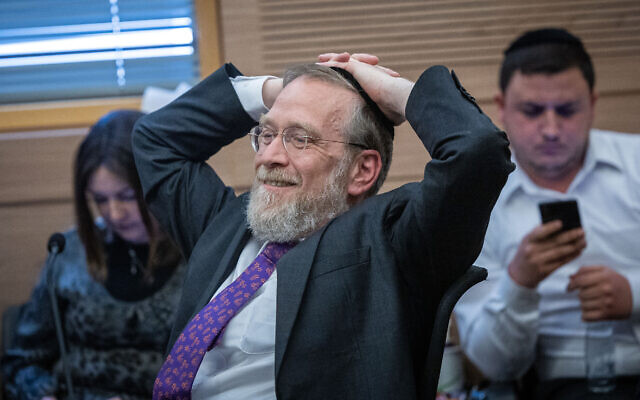 UTJ MK Yitzhak Pindrus attends the Knesset House Committee's hearing on declaring now-former Yamina MK Amichai Shikli a defector from his party, April 25, 2022. (Yonatan Sindel/Flash90)