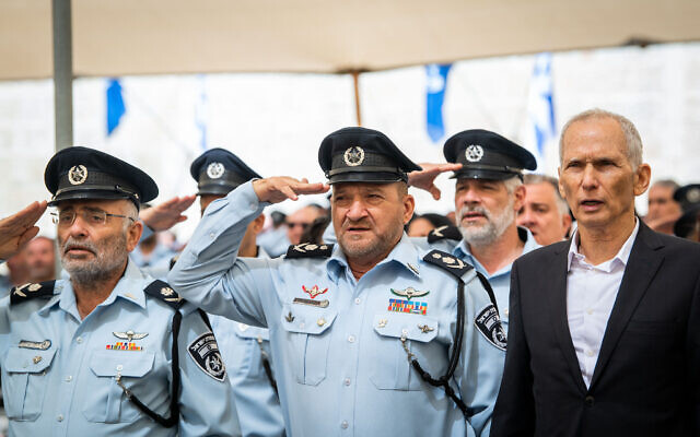 Police chief Kobi Shabtai, Public Security Omer Barlev and Israeli police officers at the Israel Police Independence Day ceremony at the National Headquarters of the Israel Police in Jerusalem, May 1, 2022. (Arie Leib Abrams/Flash90)