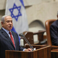Opposition leader Benjamin Netanyahu speaks at the Knesset in Jerusalem on May 9, 2022 (Yonatan Sindel/Flash90)