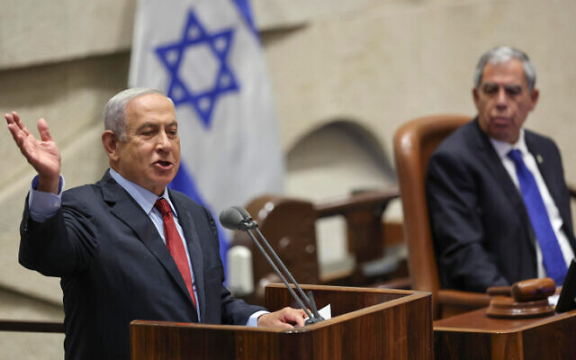 Opposition leader Benjamin Netanyahu speaks at the Knesset in Jerusalem on May 9, 2022. (Yonatan Sindel/Flash90)