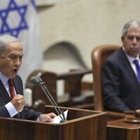 Opposition leader Benjamin Netanyahu speaks during a no-confidence motion against the government at the Knesset,  May 9, 2022. (Yonatan Sindel/Flash90)