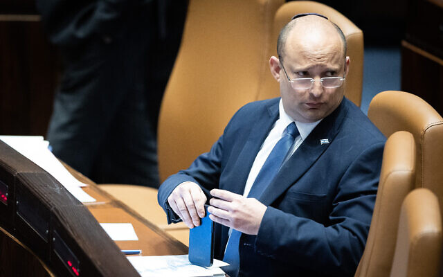 Prime Minister Naftali Bennett during a Knesset plenum session, on May 9, 2022. (Yonatan Sindel/Flash90)