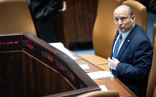 Prime Minister Naftali Bennett in the opening of the Knesset summer session in Jerusalem on May 9, 2022. (Yonatan Sindel/Flash90)