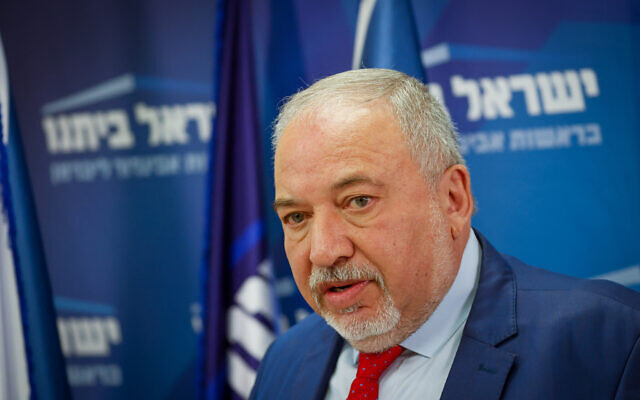 Finance Minister Avigdor Liberman leads a Yisrael Beytenu faction meeting at the Knesset on May 16, 2022. (Olivier Fitoussi/Flash90)