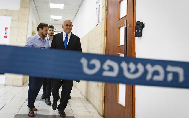 Then-former prime minister Benjamin Netanyahu arrives for a court hearing in his trial, at the District Court in Jerusalem on May 17, 2022. (Olivier Fitoussi/Flash90)