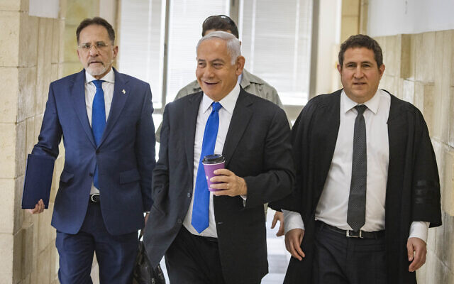 Benjamin Netanyahu arrives at the Jerusalem District Court for a hearing in his graft trial, May 17, 2022. (Olivier Fitoussi/Flash90)