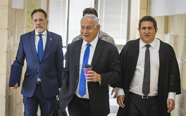 ormer prime minister MK Benjamin Netanyahu arrives for a court hearing in his trial, at the District Court in Jerusalem on May 17, 2022. (Olivier Fitoussi/Flash90)
