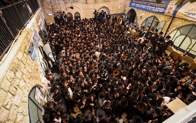 Ultra-Orthodox Jews celebrate the holiday of Lag Baomer, in Meron, on May 19, 2022. (David Cohen/Flash90)