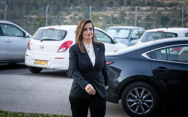Meretz MK Ghaida Rinawie Zoabi arrives for an interview at the Channel 12 news studio in Neve Ilan on May 19, 2022.  (Olivier Fitoussi/Flash90)