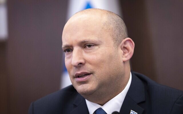 Prime Minister Naftali Bennett leads a cabinet meeting at his office in Jerusalem on May 8, 2022. (Olivier Fitoussi/Flash90)