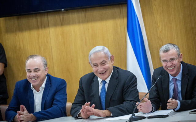 Opposition leader Benjamin Netanyahu leads a Likud party meeting at the Knesset in Jerusalem on May 23, 2022. (Yonatan Sindel/Flash90)