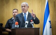 Likud leader Benjamin Netanyahu addresses a party meeting at the Knesset, on May 23, 2022. (Yonatan Sindel/Flash90)