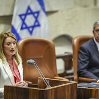 Roberta Metsola, president of the European Parliament, with Knesset speaker Mickey Levy during a plenum session in the Knesset, the Israeli parliament in Jerusalem on May 23, 2022. (Yonatan Sindel/ FLASH90)