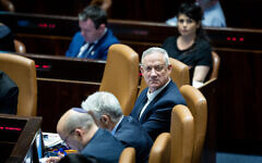 Defense Minister Benny Gantz attends a plenum session in the Knesset on May 23, 2022. (Yonatan Sindel/Flash90)