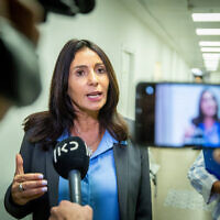 Likud MK Miri Regev speaking to the media after testifying to the state commission of inquiry into the tragedy at Mount Meron on May 24, 2022. (Yonatan Sindel/Flash90)