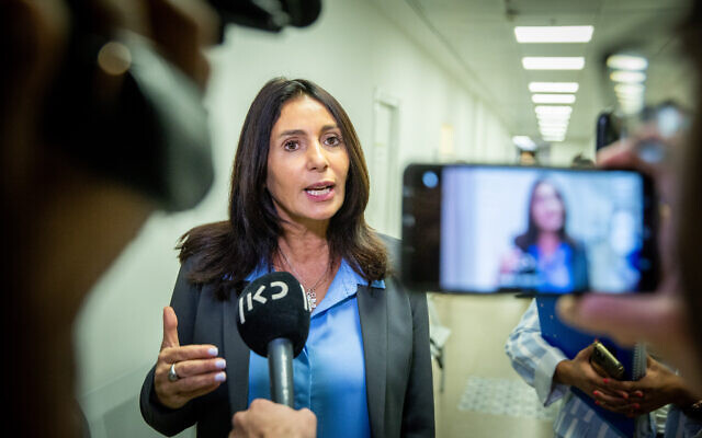 Likud MK Miri Regev speaking to the media after testifying to the state commission of inquiry into the tragedy at Mount Meron on May 24, 2022. (Yonatan Sindel/Flash90)
