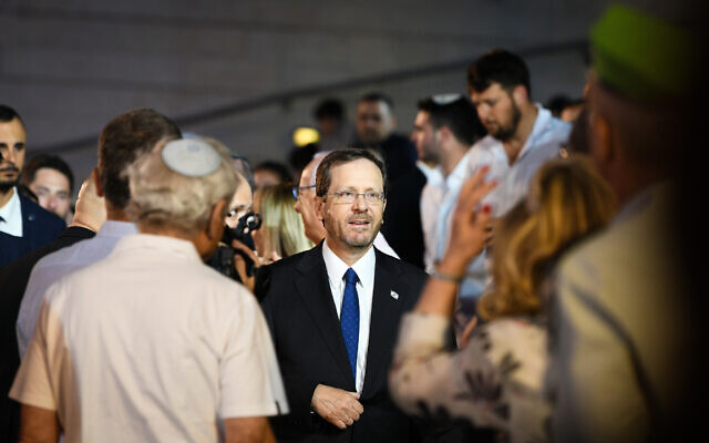 President Isaac Herzog arrives to the Jerusalem Day official ceremony at Ammunition Hill in Jerusalem, on May 29, 2022. (Arie Leib Abrams/Flash90)