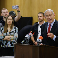 Opposition leader Benjamin Netanyahu delivers a statement at his Likud party's weekly Knesset faction meeting, May 30, 2022. (Olivier Fitoussi/Flash90)