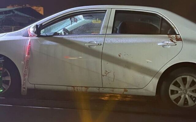 Oren Ben Yiftah's car after he was killed by two Palestinian terrorists in the city of Elad, May 5, 2022. (Courtesy)