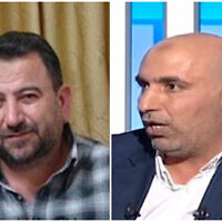 (R) Saleh al-Arouri in undated YouTube video (Screen grab) and (L) Zaher Jabarin gives an interview to pro-Hezbollah television network al-Mayadeen on April 17, 2022 (Screen grab)